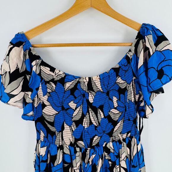 Free People Indigo Floral Smocked Mini Dress Boho Peasant Puff Sleeve Size M - Picture 8 of 11